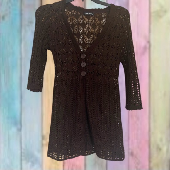 Wet Seal Sweaters - Wet Seal Brown Boho Open Knit Half Sleeve Button Hippie Long Cardigan Sweater